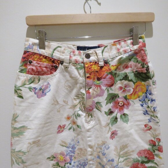 VINTAGE RALPH LAUREN Floral Midi Pencil Skirt in White Denim Preppy Cottagecore - Picture 4 of 16